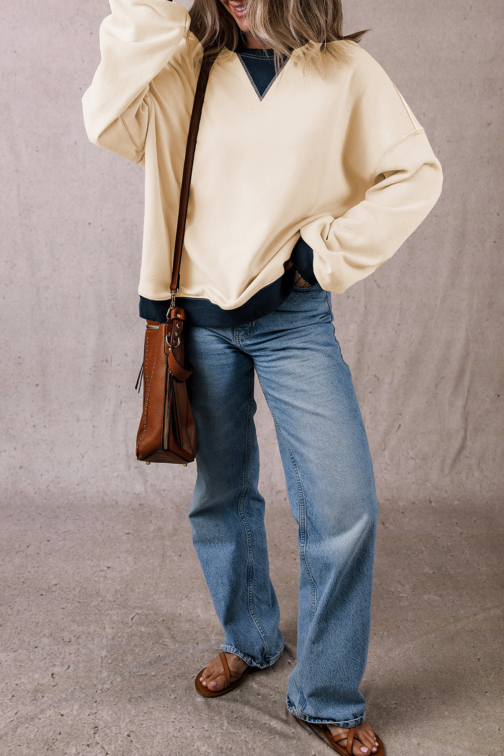 Oversized Sweatshirt Color Block Patch Drop Shoulder