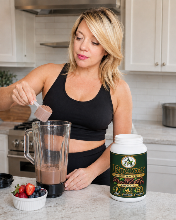 A woman in a black sports bra and leggings mixes a chocolate brown powder into a clear blender pitcher on a kitchen counter. A white tub of 'Recover' protein powder sits next to the pitcher, along with a small bowl of fresh strawberries and blueberries.