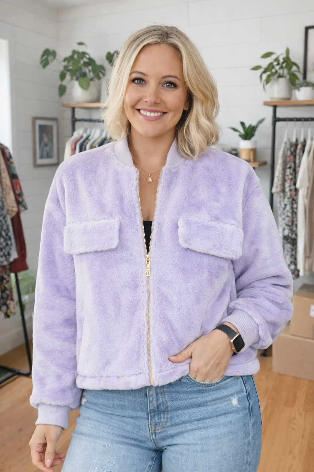 Woman wearing a light purple jacket in a clothing store