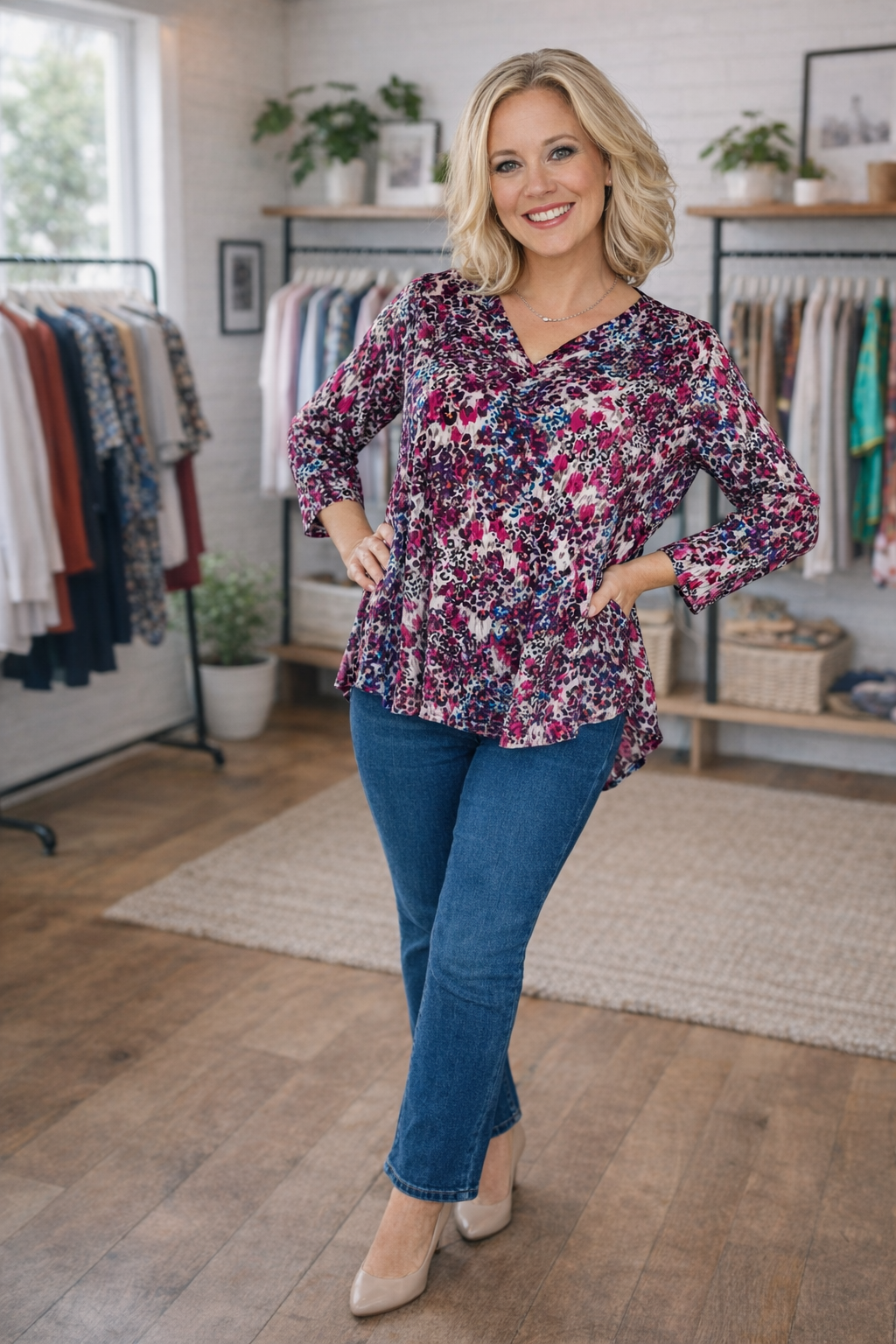 Woman wearing a floral blouse and blue jeans in a clothing store.