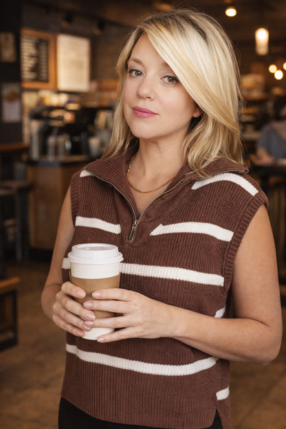 Tea Service 1/4 Zip Sleeveless Brown Sweater