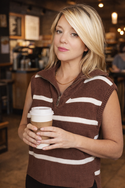 Tea Service 1/4 Zip Sleeveless Brown Sweater