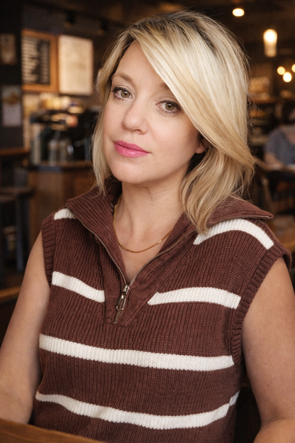 Woman wearing a brown and white striped sleeveless sweater in a cafe setting