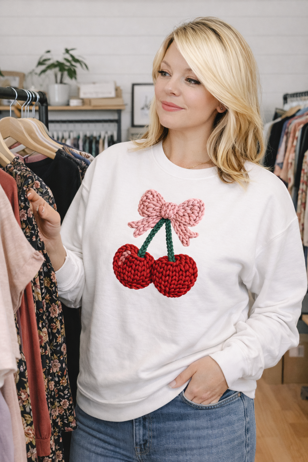 Crochet Cherry Graphic Tee & Sweatshirt | Cute White Shirt