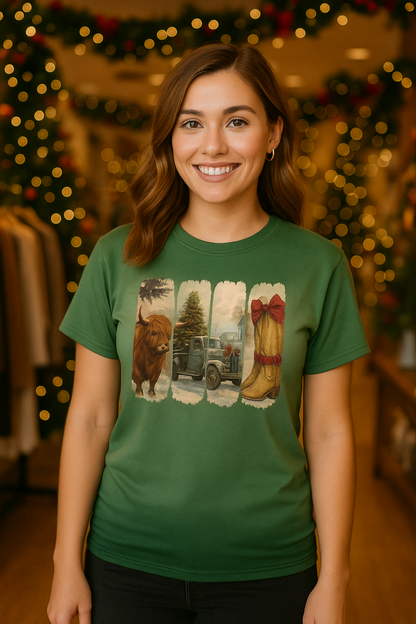 Woman wearing a green t-shirt with a graphic design in a festive indoor setting.