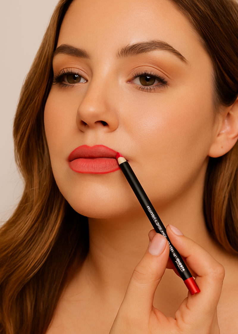 applying deep coral lip liner on lips