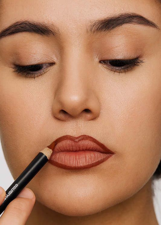 Woman applying lipstick with a pencil on a neutral background