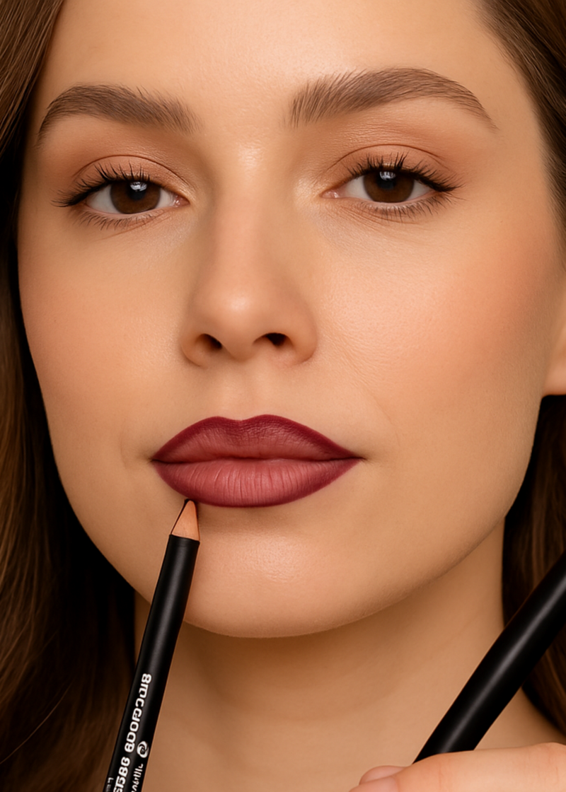 Woman applying lipstick with a pencil against a neutral background