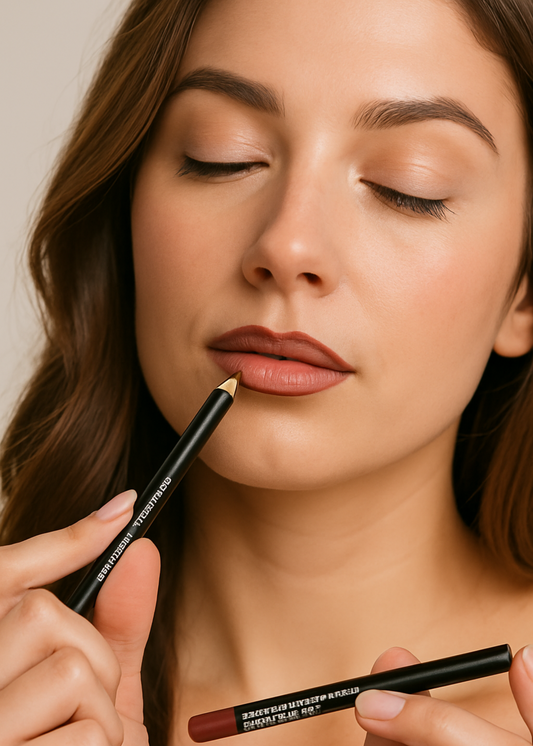 Woman applying lip liner with a pencil, close-up on face.