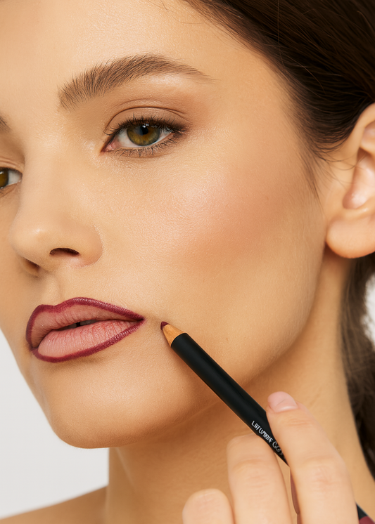 Woman applying makeup with a pencil near her face