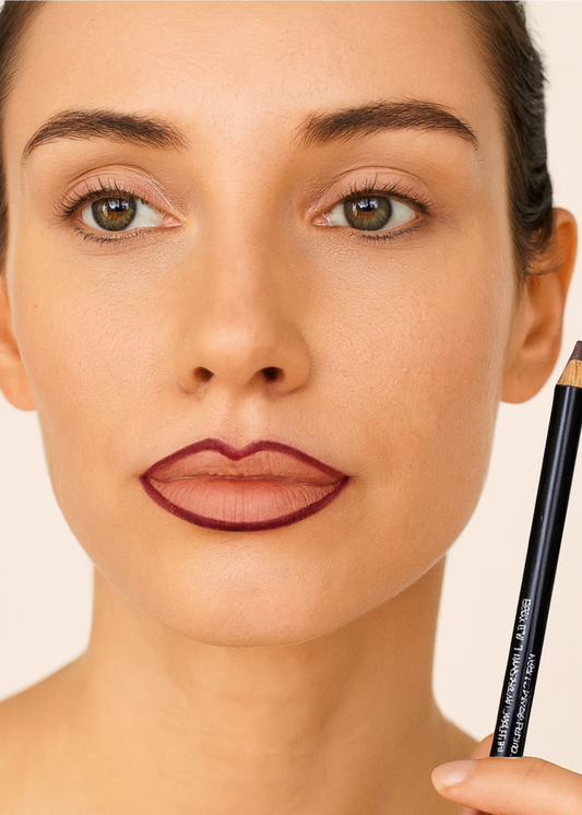 Woman holding a lip liner pencil with a neutral background