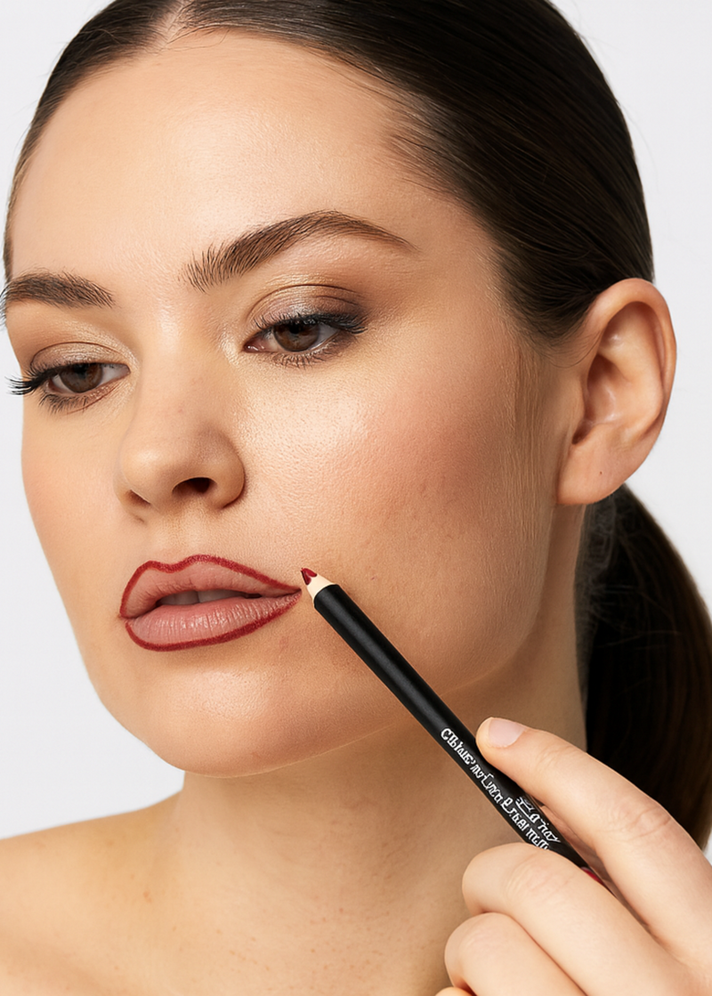 Woman applying lipstick with a pencil on a plain background