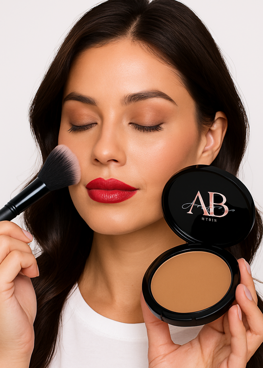 Woman holding a makeup brush and compact powder with 'AB' brand logo.