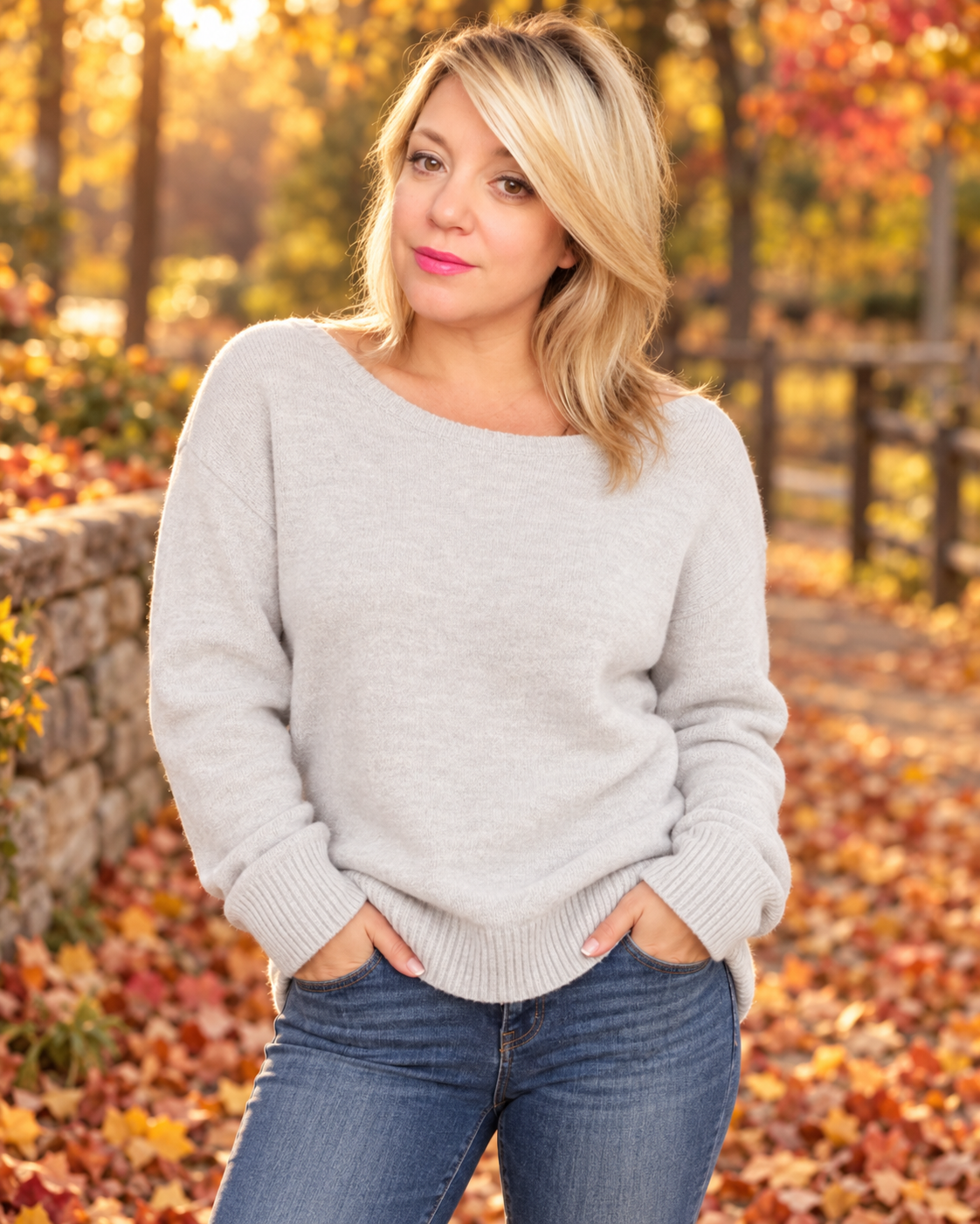 A woman wearing a light gray knit sweater and blue jeans stands outdoors in an autumn setting with fallen leaves and warm sunlight.