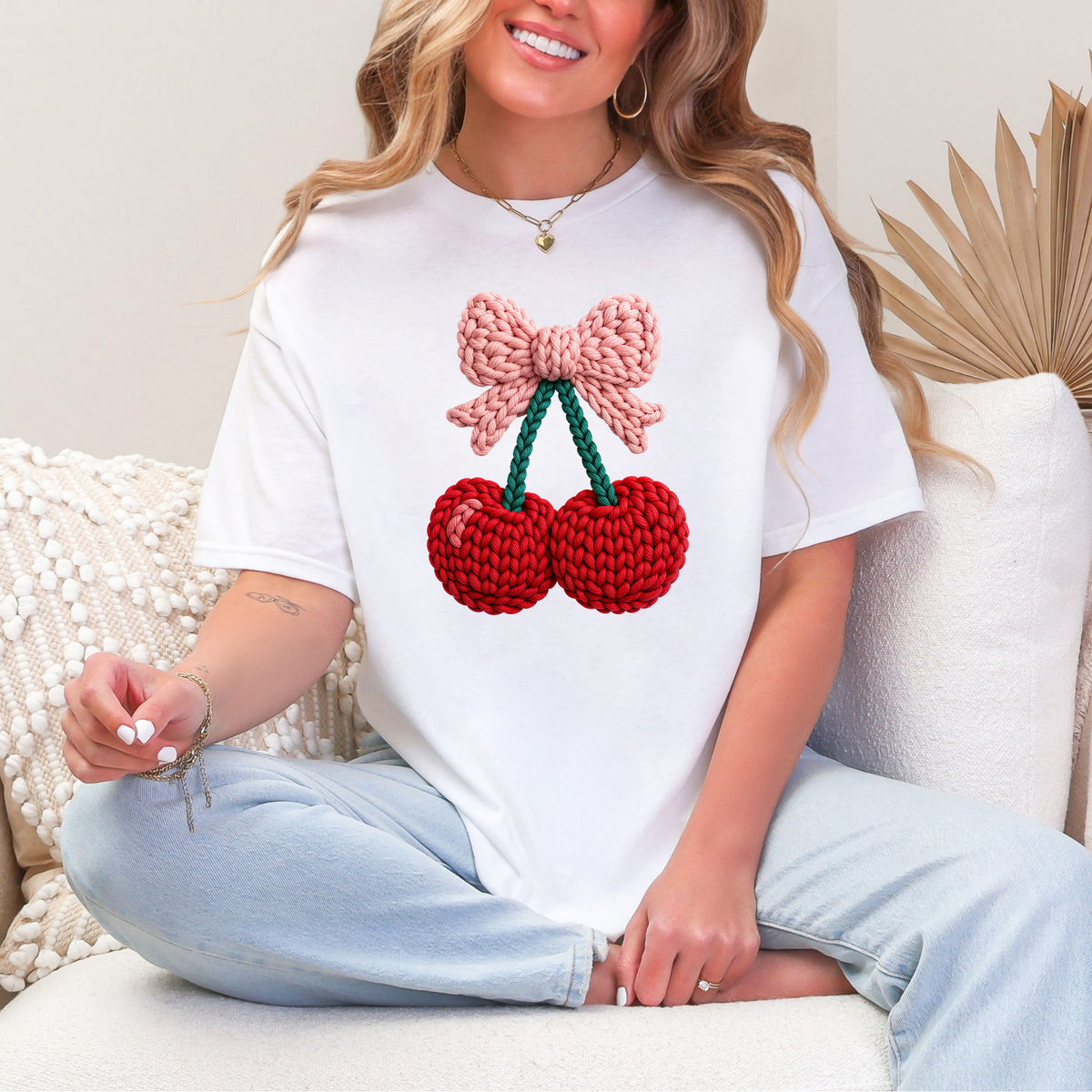 Crochet Cherry Graphic Tee & Sweatshirt | Cute White Shirt