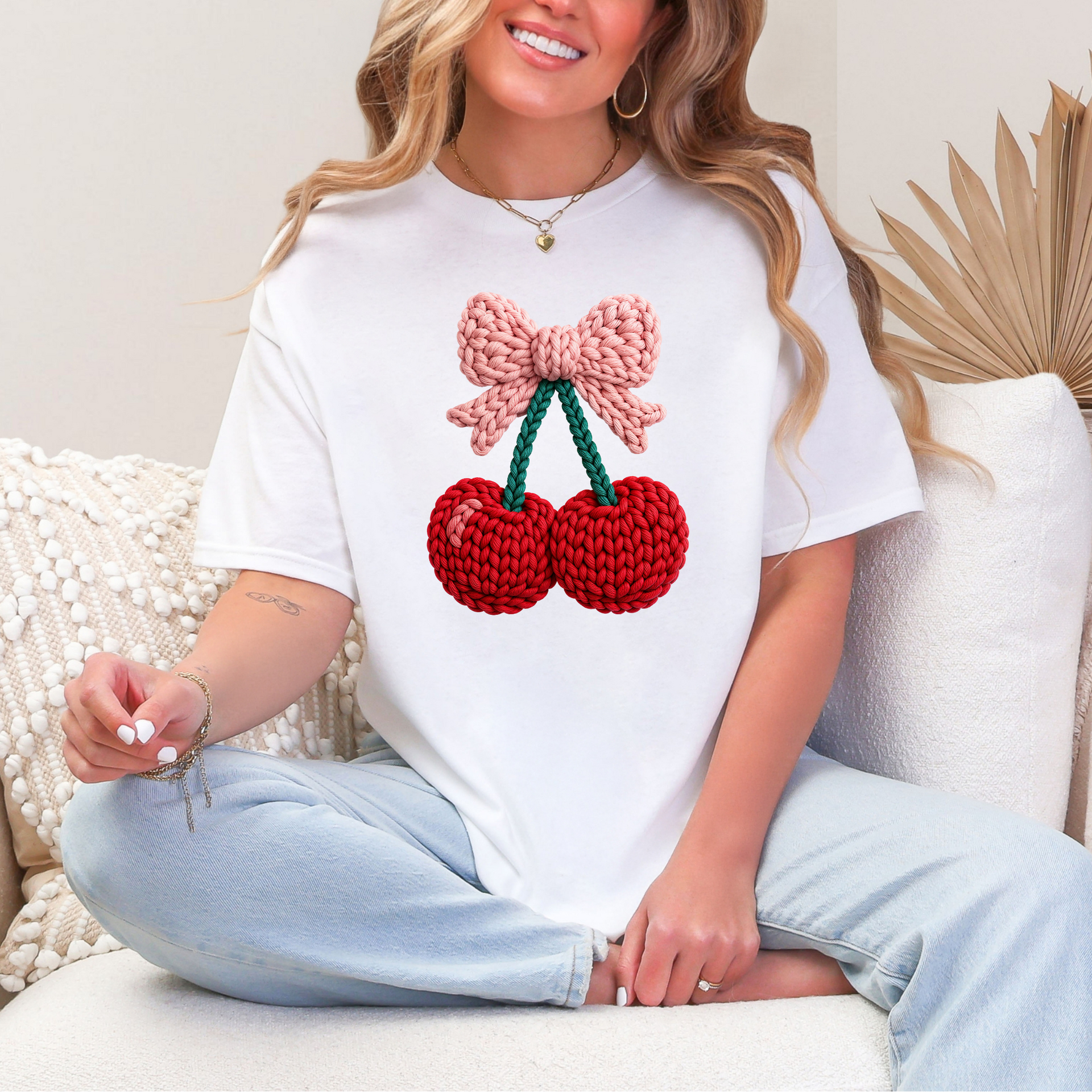 Crochet Cherry Graphic Tee & Sweatshirt | Cute White Shirt