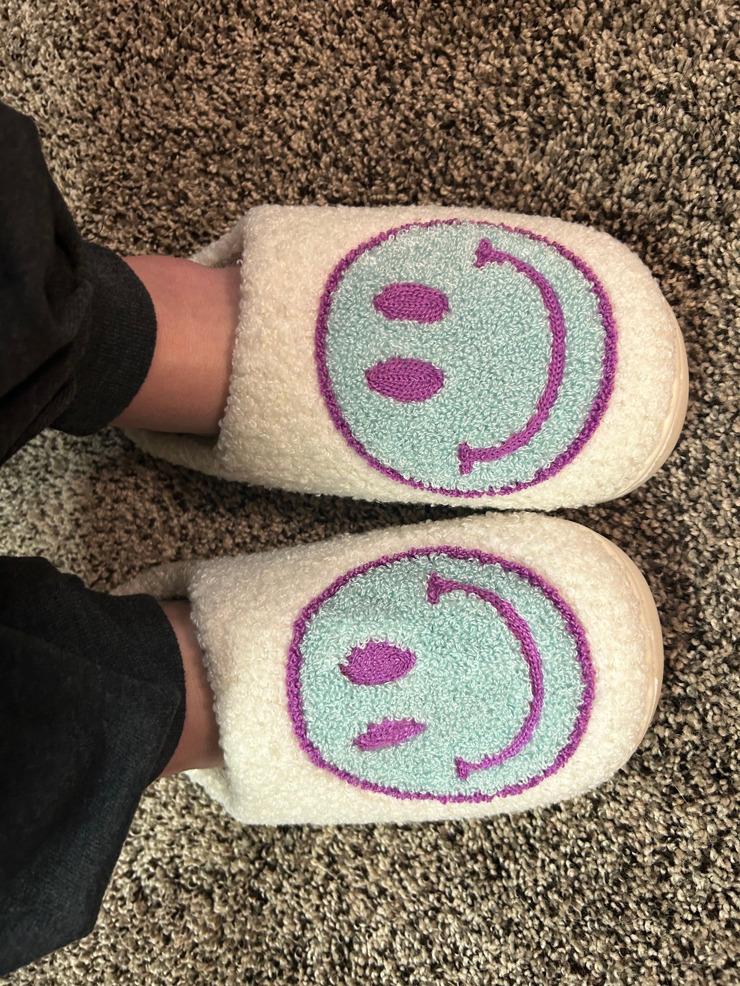 Smiley Face Slippers in White/Sky Blue