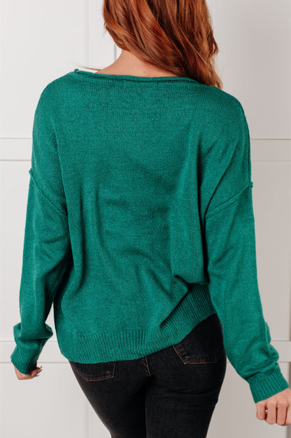 Person wearing a teal sweater from behind with a white background