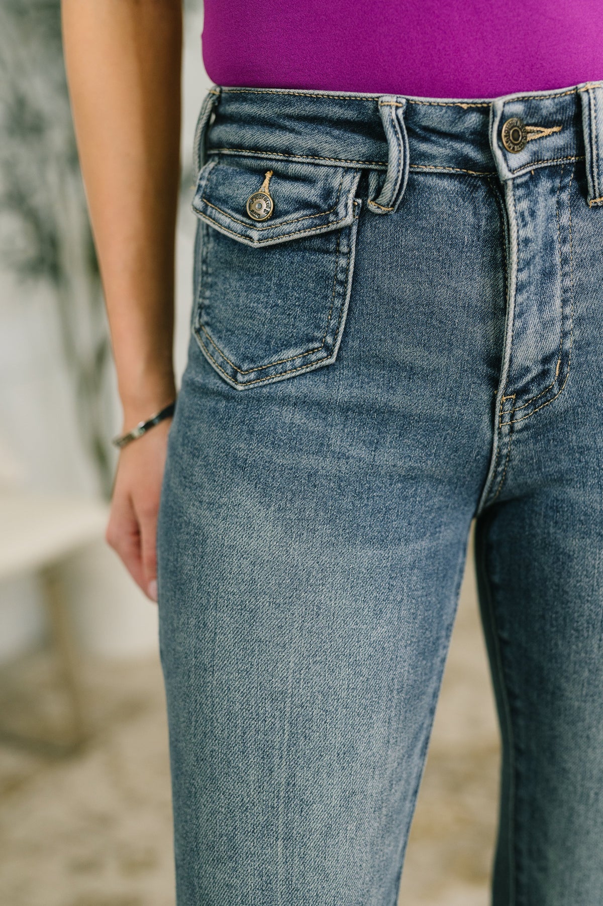 Close-up of blue jeans with a blurred background