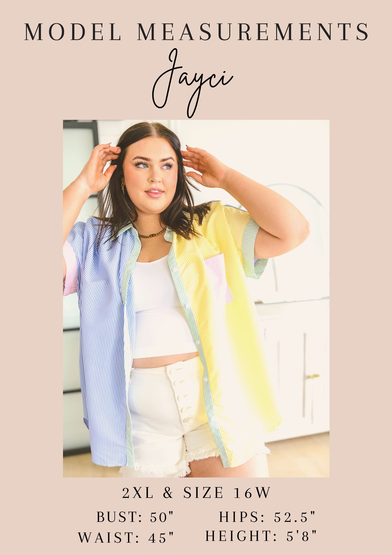 Woman wearing a pastel-colored outfit with text displaying measurements and brand name.