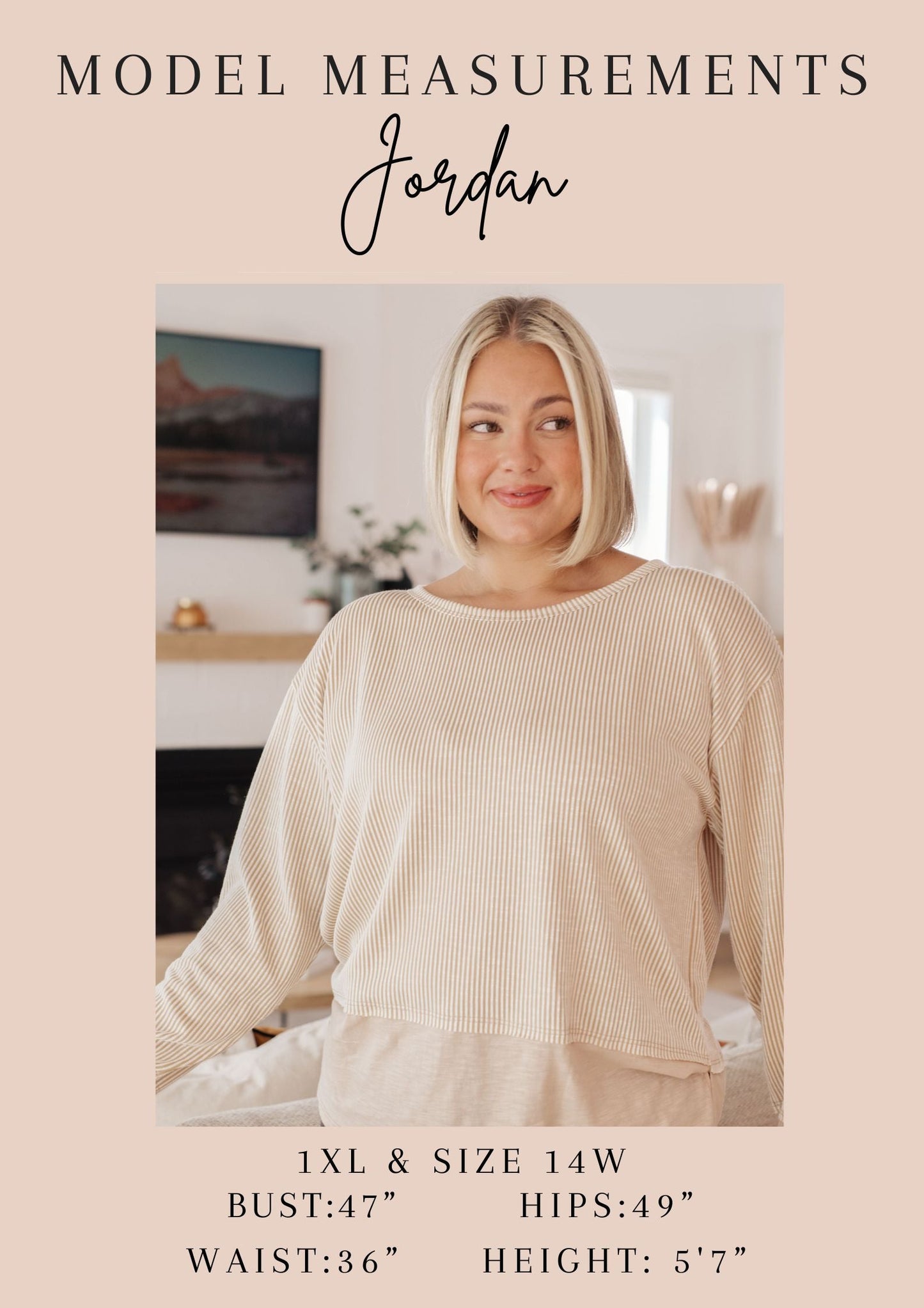 Woman wearing a beige sweater in a living room setting with model measurements displayed.