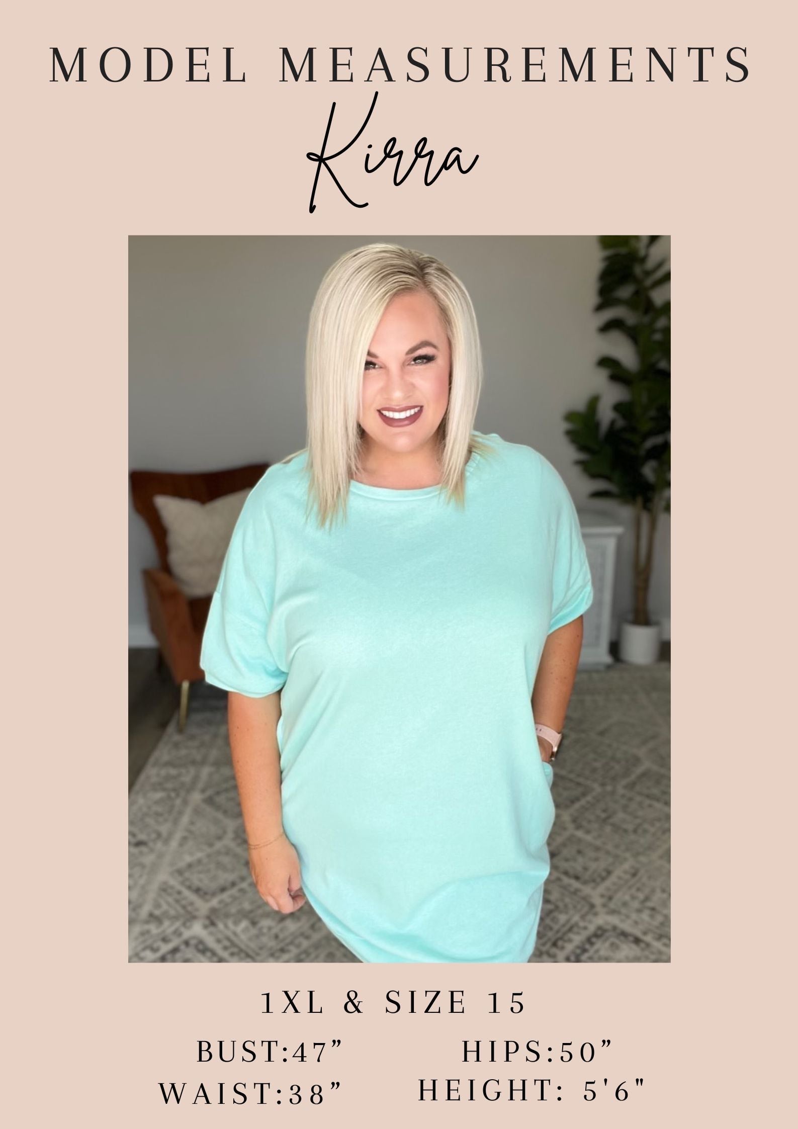 Woman wearing a light blue shirt with model measurements displayed.