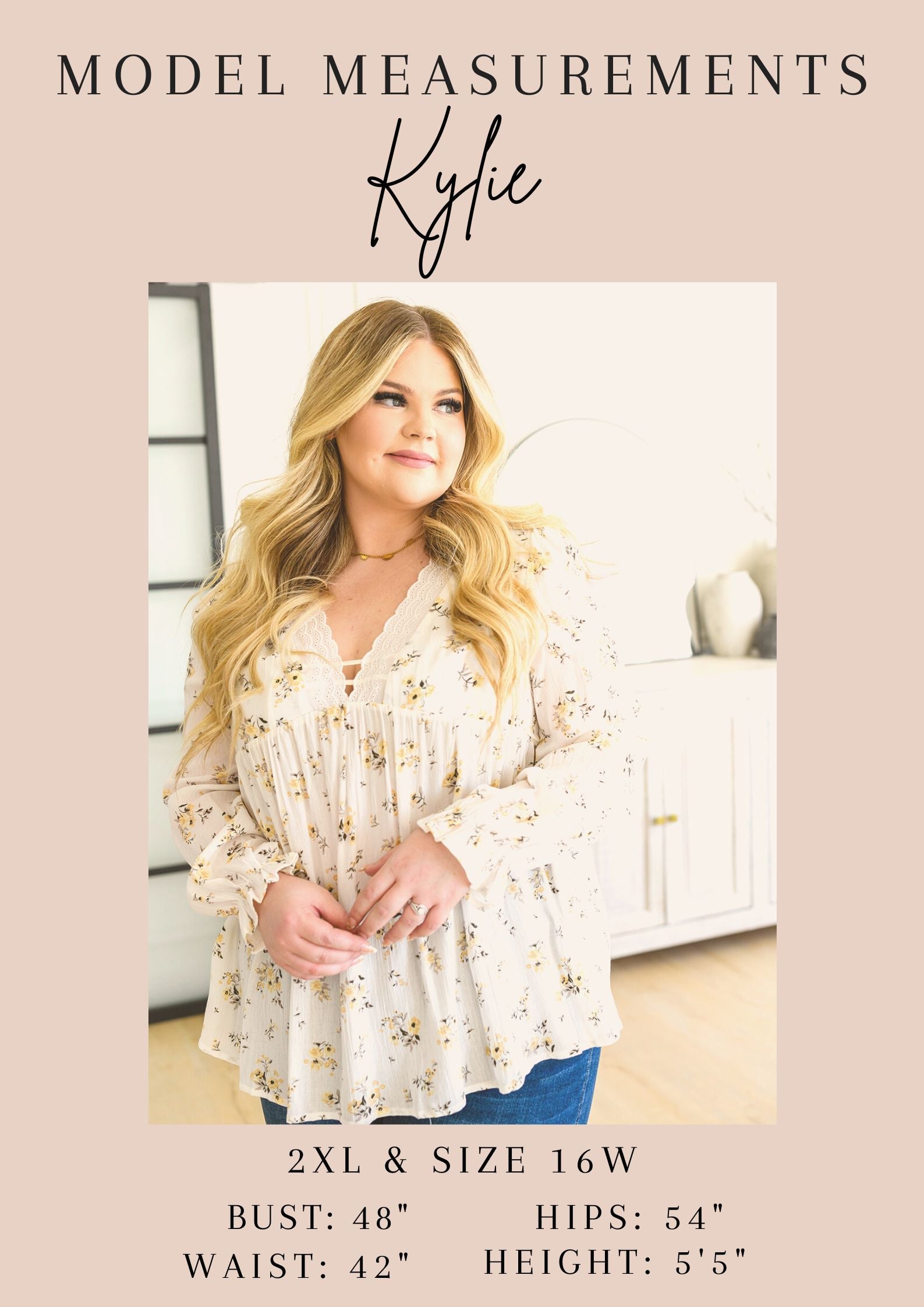 Model measurements of a woman wearing a floral blouse with text overlay.