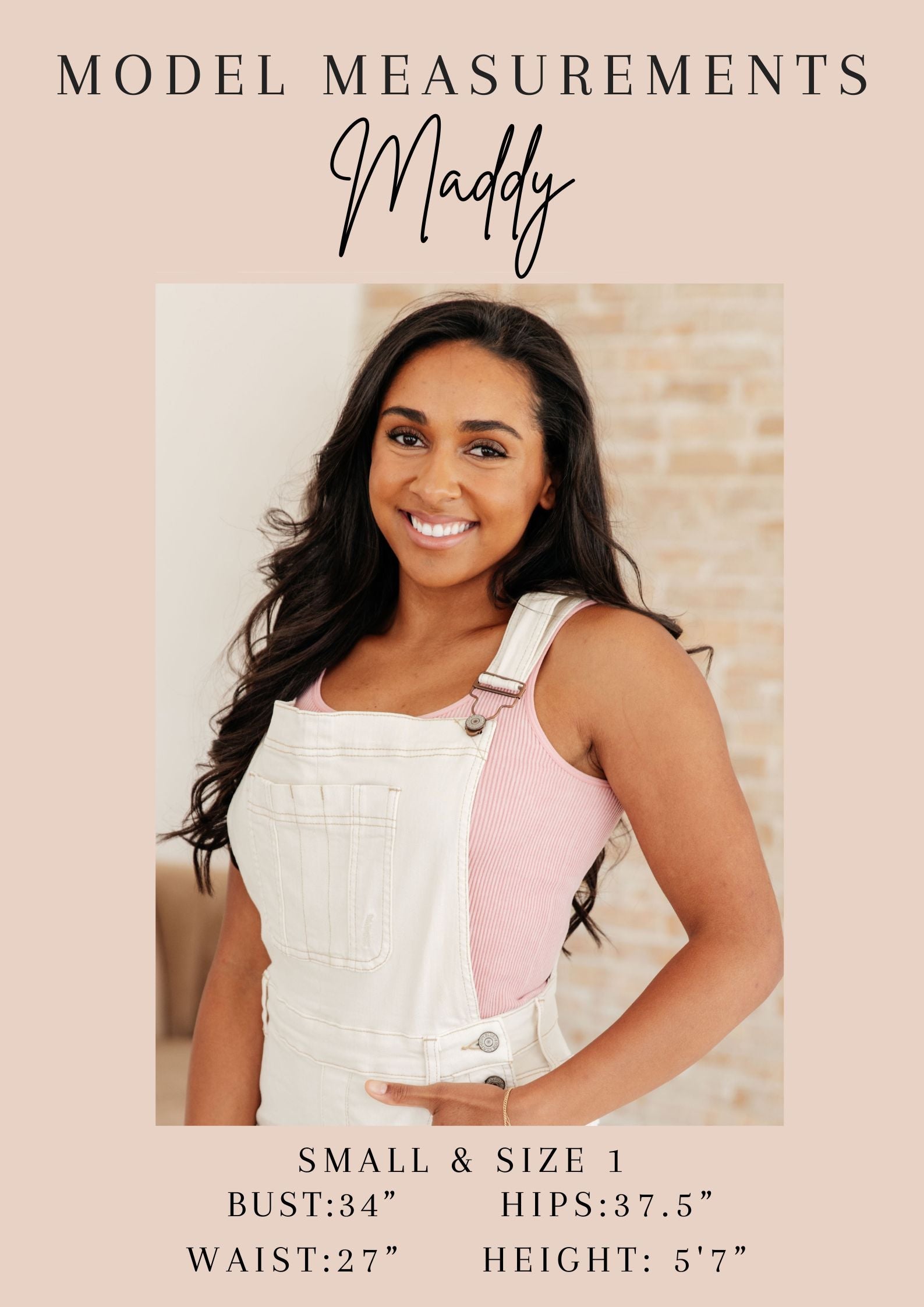 Model Maddy with measurements displayed on a beige background