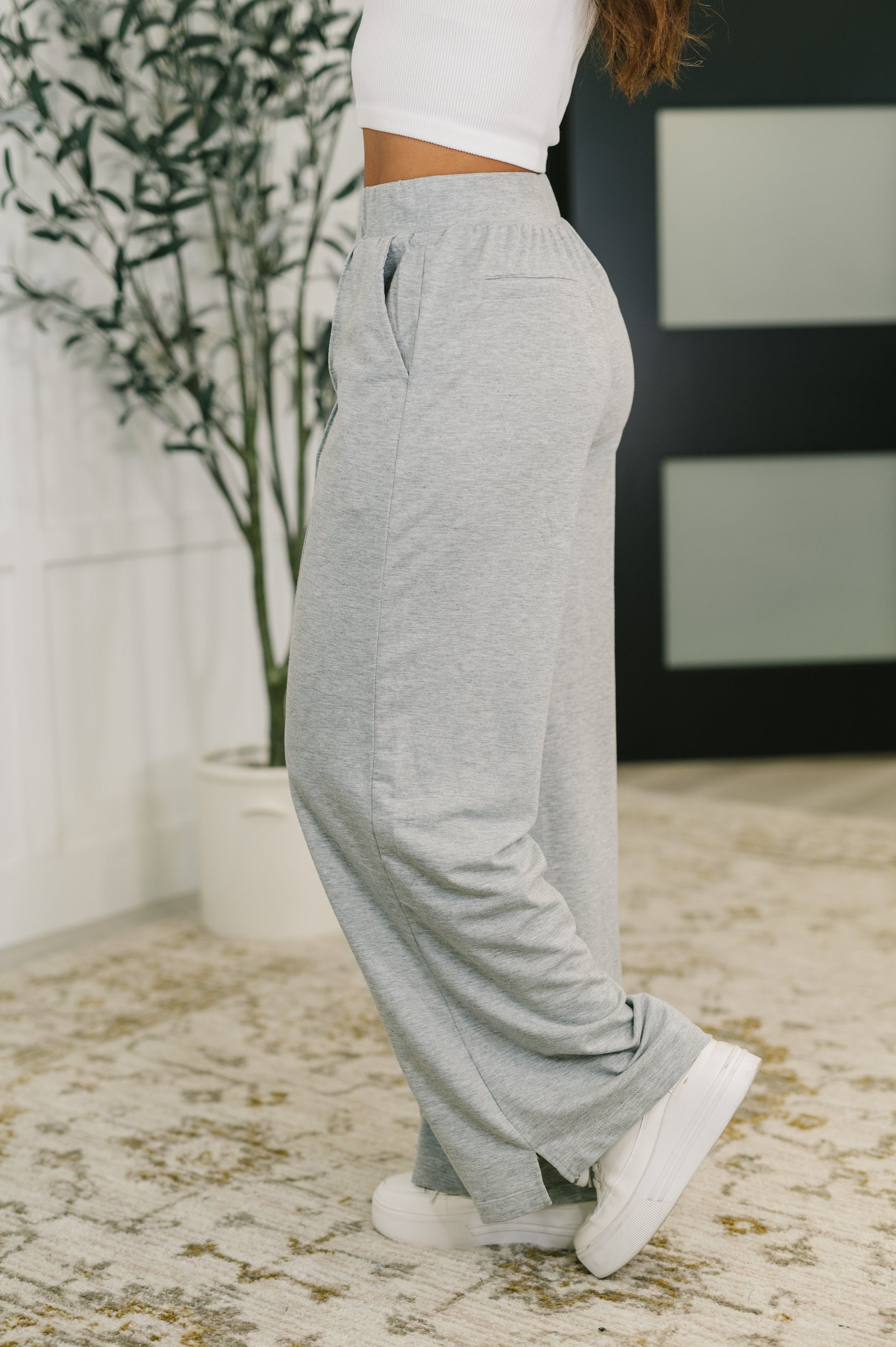 Person wearing gray sweatpants and white sneakers in a room with a plant and rug.