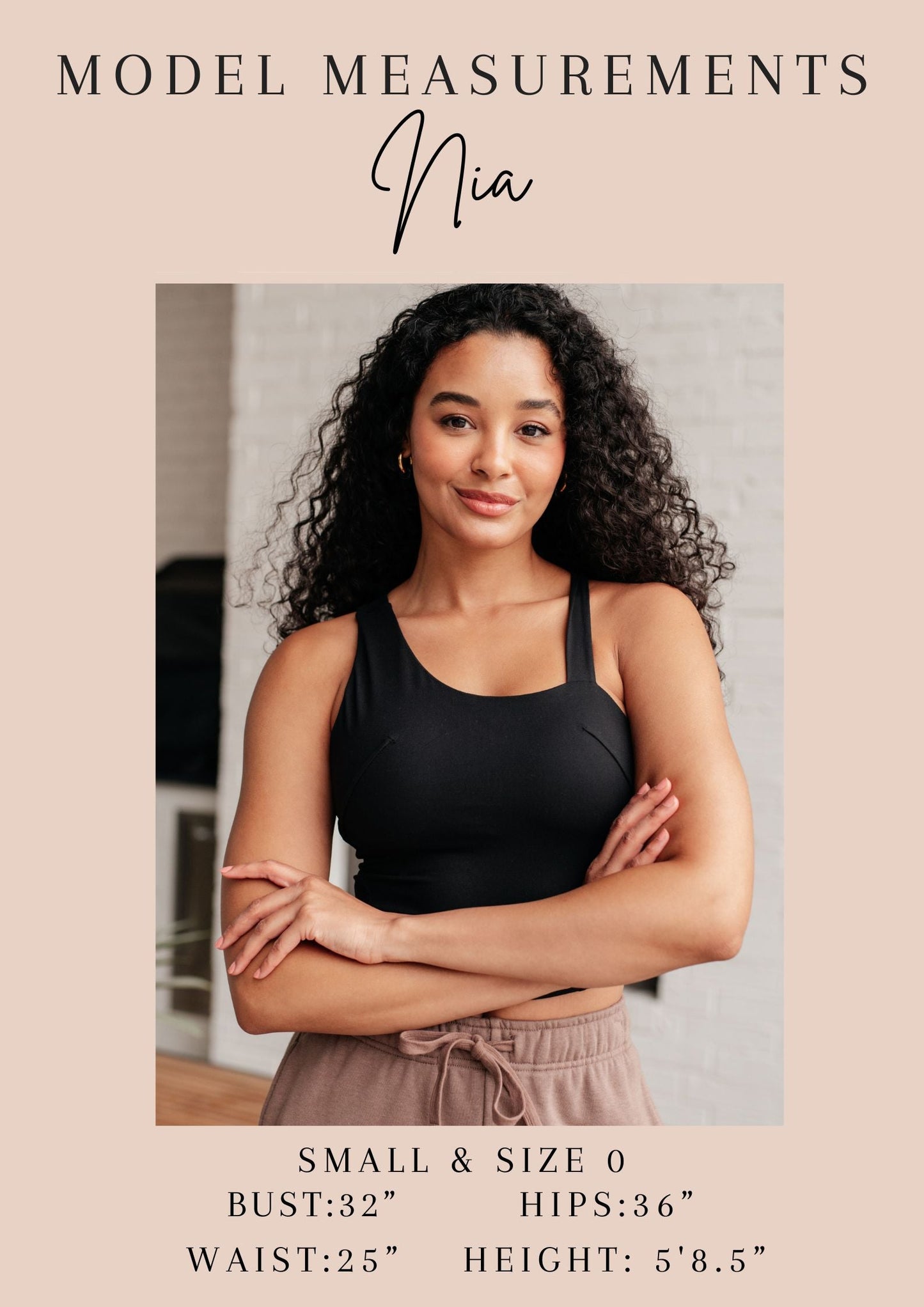 Model Nia with measurements displayed on a beige background