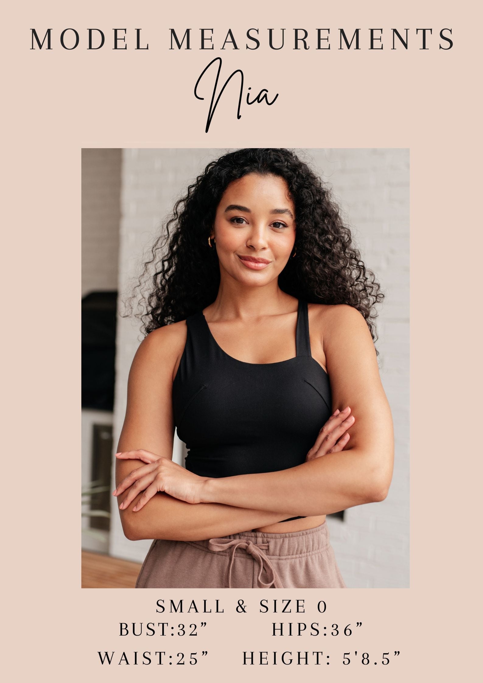Model Nia with measurements displayed on a beige background