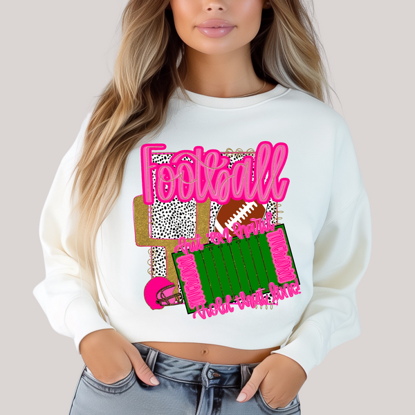 Person wearing a white sweatshirt with colorful 'Football' design