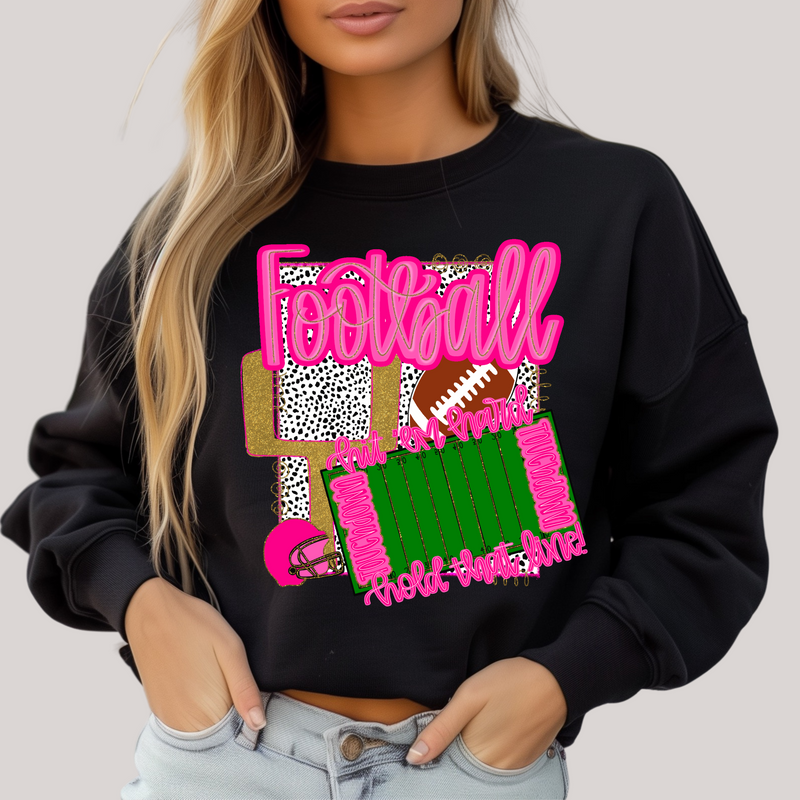 Black sweatshirt with colorful 'Football' design worn by a person on a plain background