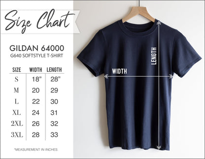 Navy blue t-shirt on a hanger with size chart on the left