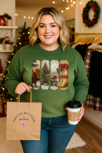 Woman wearing a green sweatshirt with winter-themed design, holding a gift bag and coffee cup in a festive indoor setting.