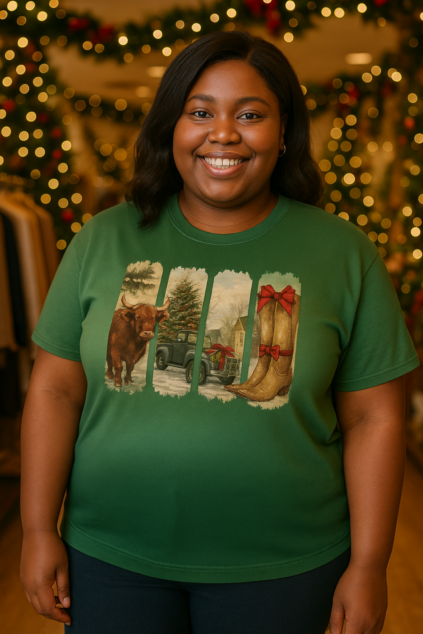 Person wearing a green t-shirt with festive designs in front of a decorated background