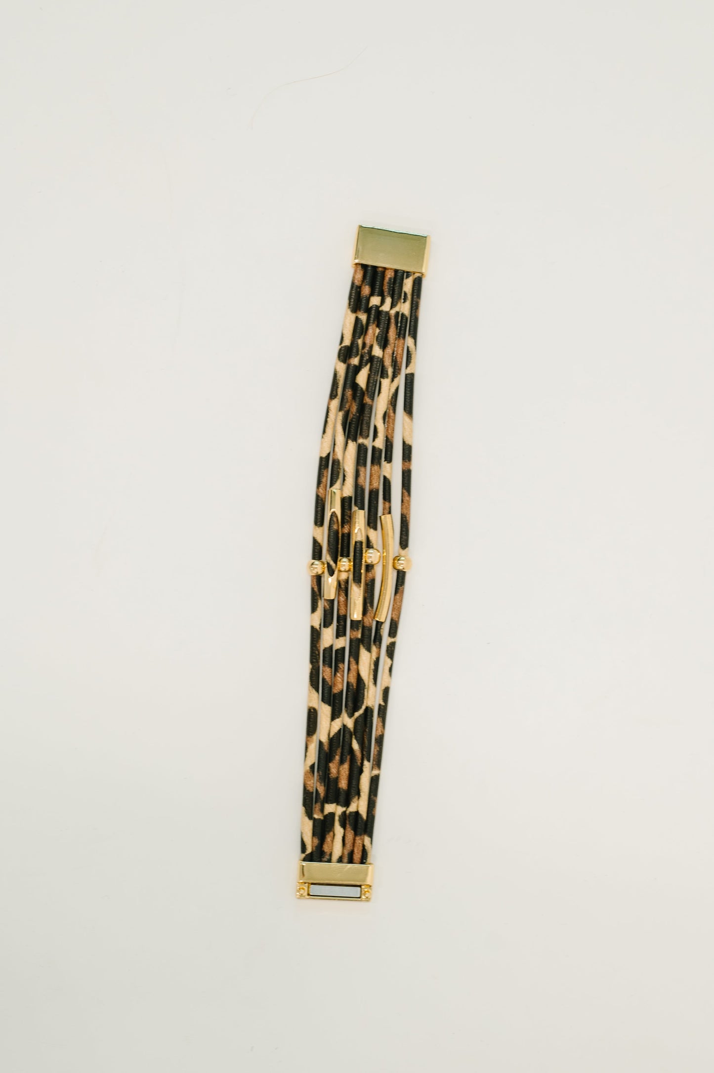 Leopard print belt with gold buckle on a light gray background