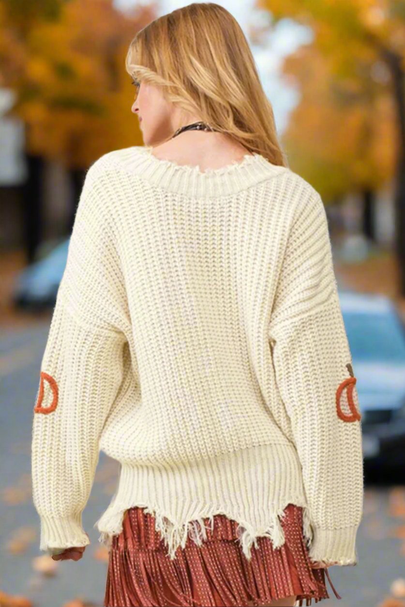 Beige Cable Knit Pumpkin Raw Hem V Neck Loose Sweater