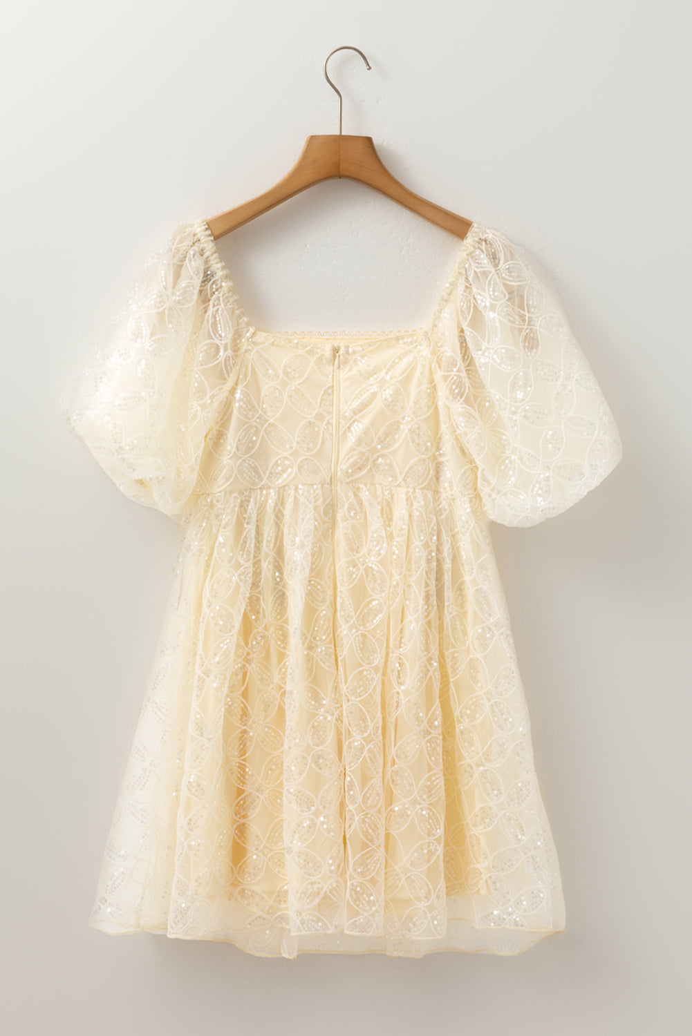 Apricot Sequined Lace Mesh Bubble Sleeve Dress