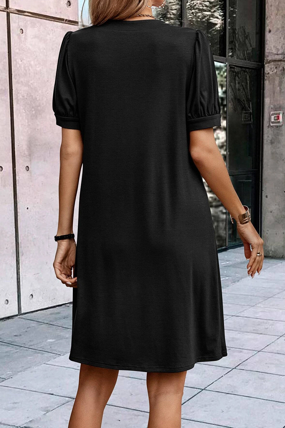 Pleated Puff Sleeve Dress with Notched Neckline in Black