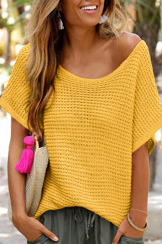 Solid Loose Knit Short Dolman Sleeve Sweater in Ginger