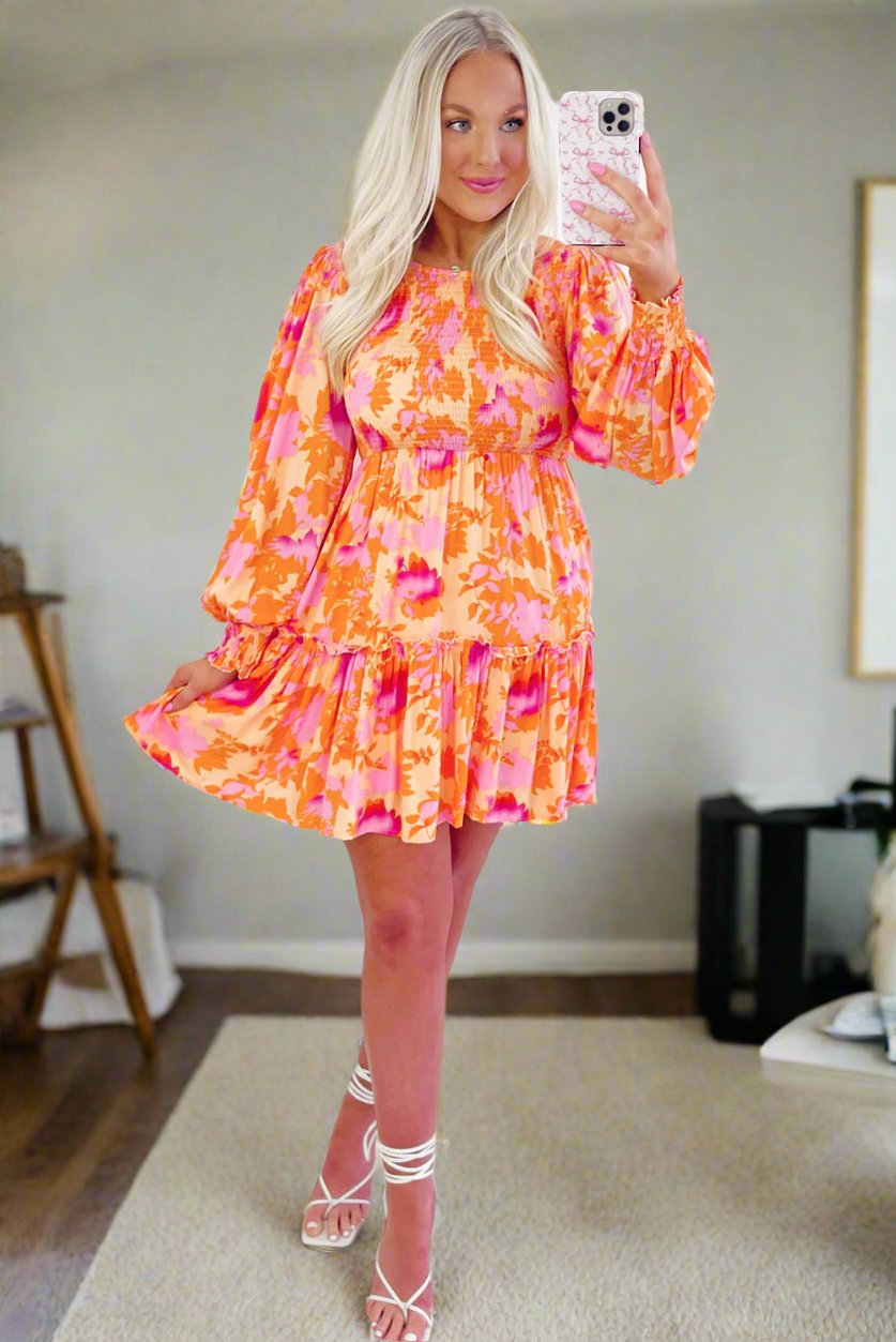 Orange Abstract Print Smocked Lantern Sleeve Ruffle Mini Dress