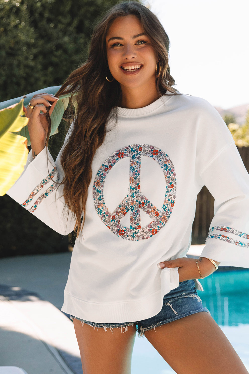 Jet Stream Floral Peace Sign Drop Shoulder Wide Sleeve Casual Top