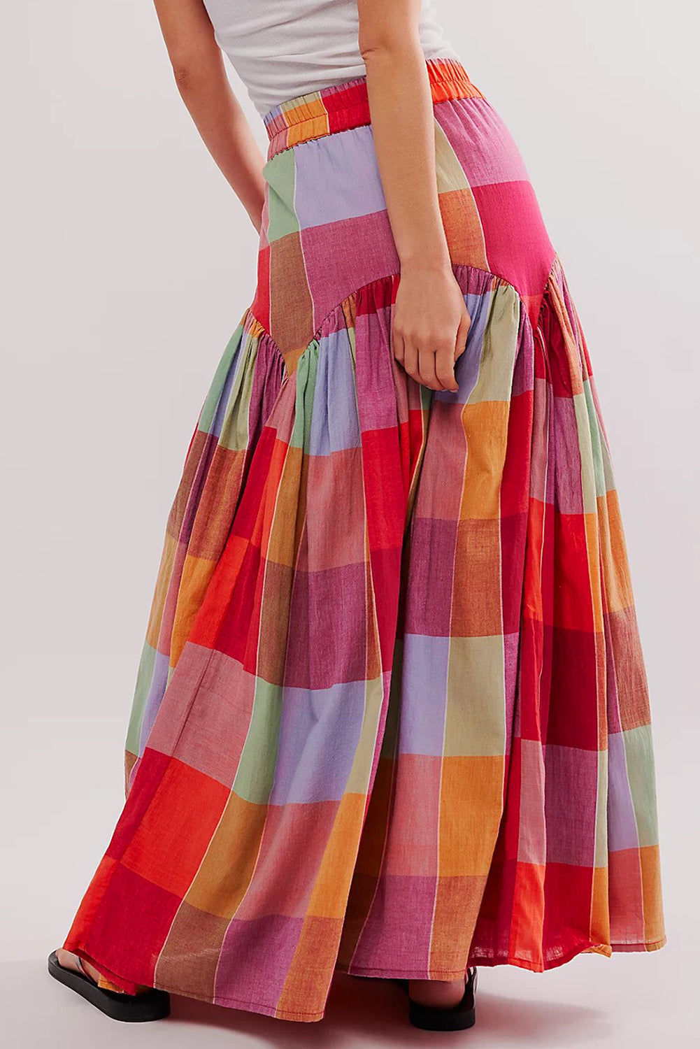 Multicolor Plaid Print Ruched High Waist Casual Maxi Skirt