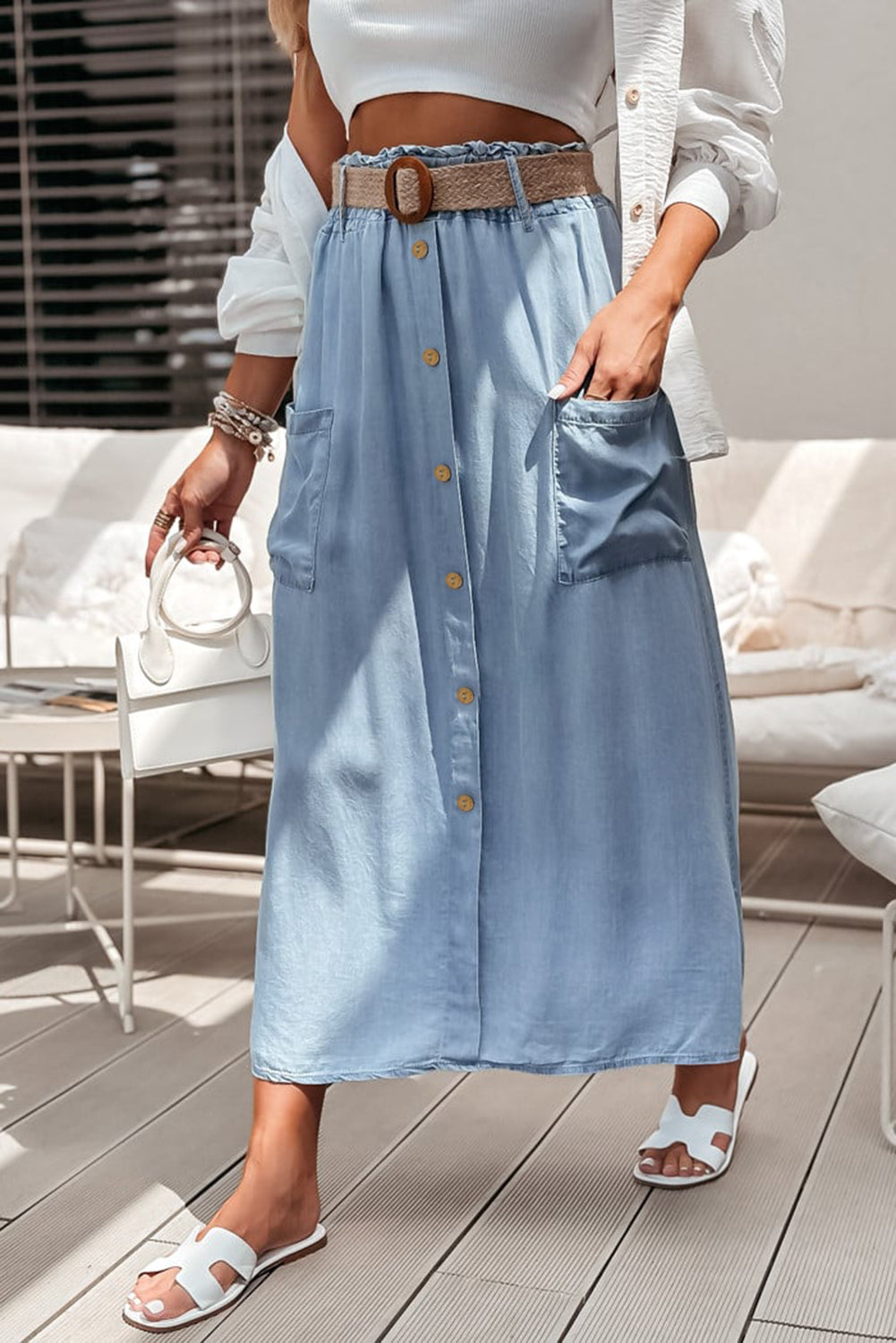 Buttoned Front High Waist Side Pockets Denim Maxi Skirt