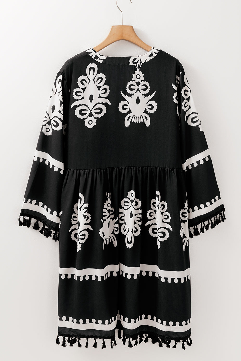 Black Western Floral Print Fringed V Neck Dress in CURVY SIZE ONLY