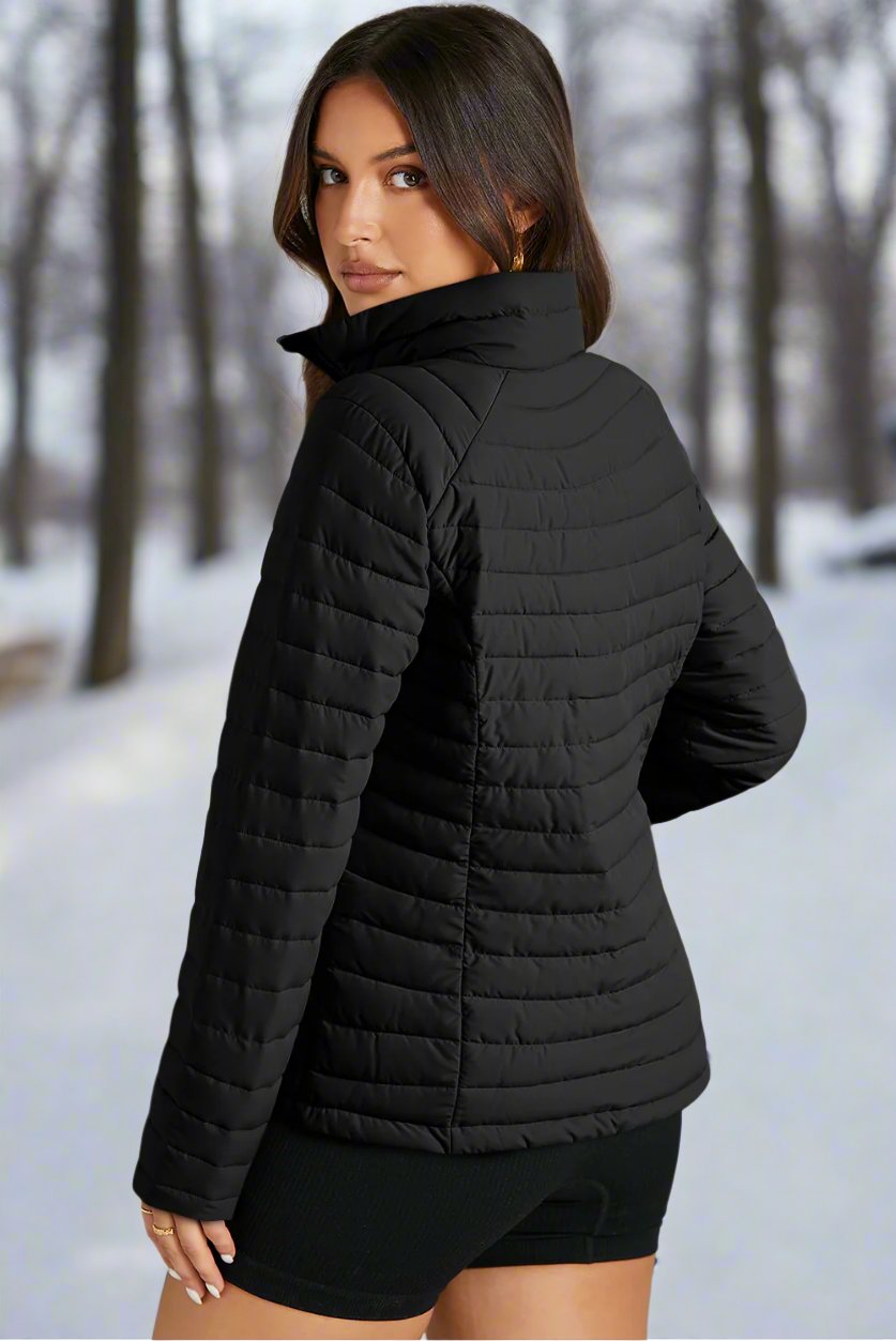 Black Solid Color Quilted Zip-up Puffer Jacket