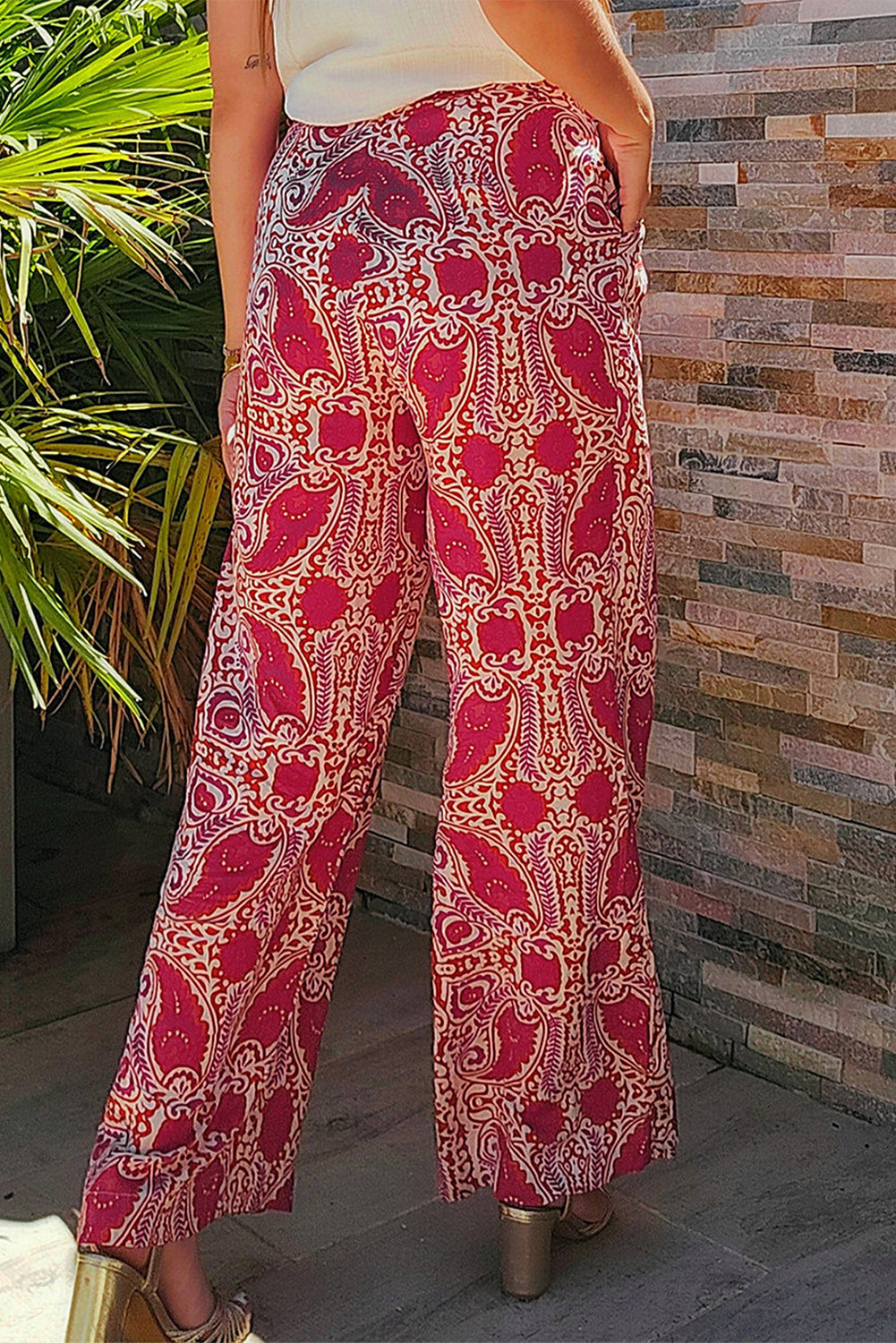 Red Paisley Printed Buttoned High Waist Straight Leg Pants