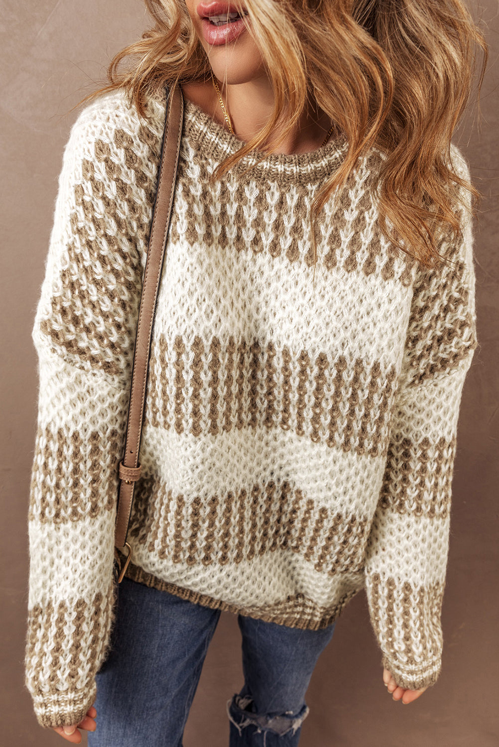 Brown Stripe Drop Shoulder Round Neck Loose Sweater