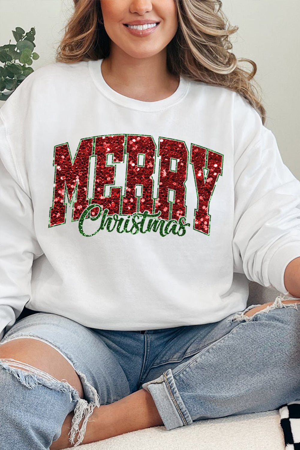 Beige MERRY Christmas Heat Transfer Crewneck Sweatshirt